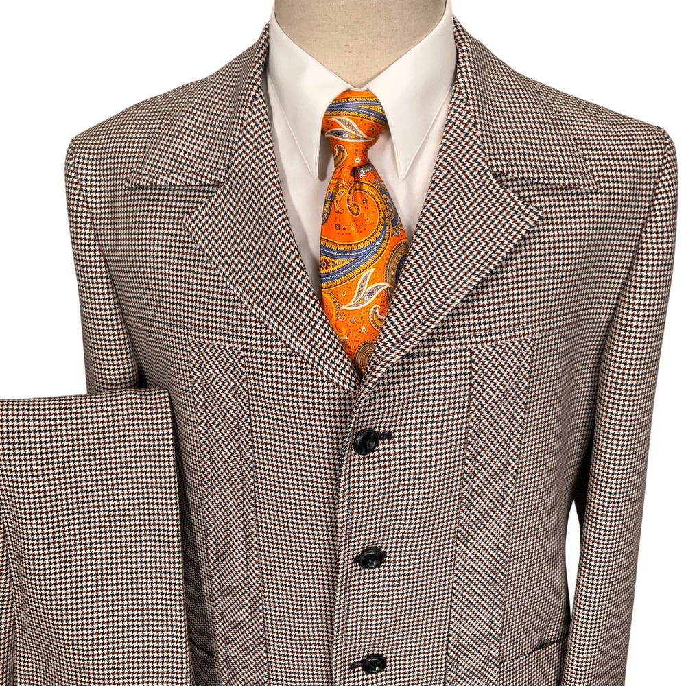 Richman Brothers Suit Mens 44R 37x30 Brown Houndstooth 70s Costume Professor VTG